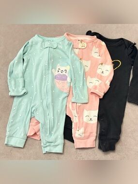 Carter’s Newborn Sleepers Lot of 3 Cat Mermaid Zip/ Snap Footless Pajamas Cotton